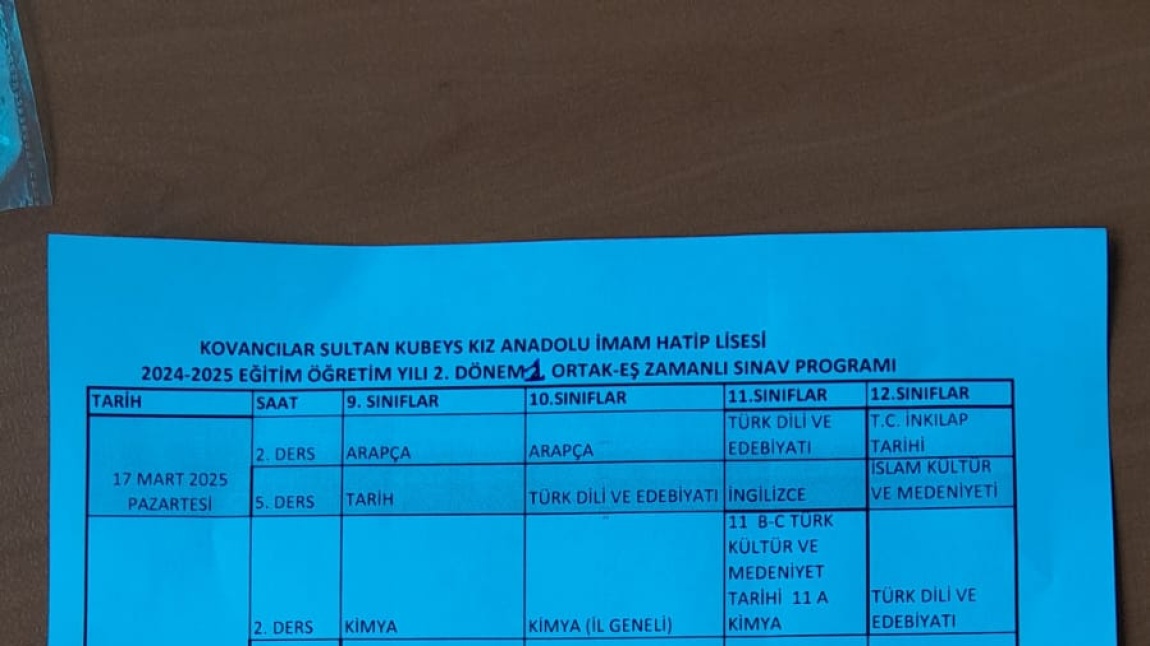 2024-2025 EĞİTİM ÖĞRETİM YILI 2. DÖNEM 1. SINAV TAKVİMİDİR