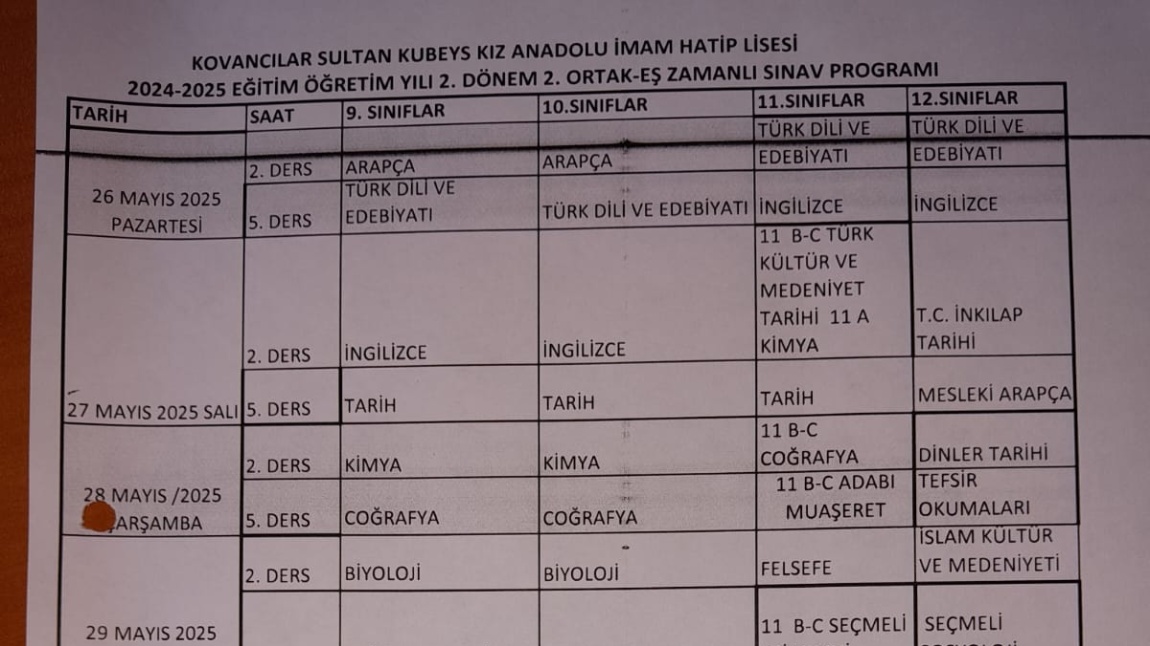2024-2025 EĞİTİM ÖĞRETİM YILI İKİNCİ ORTAK SINAV TAKVİMİDİR
